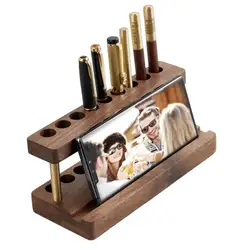 Rustic Desk Accessory Wooden Pen Holder with 9 Slots Cell Phone Stand Minimalist Office Decor Aesthetic Organizer for Desk