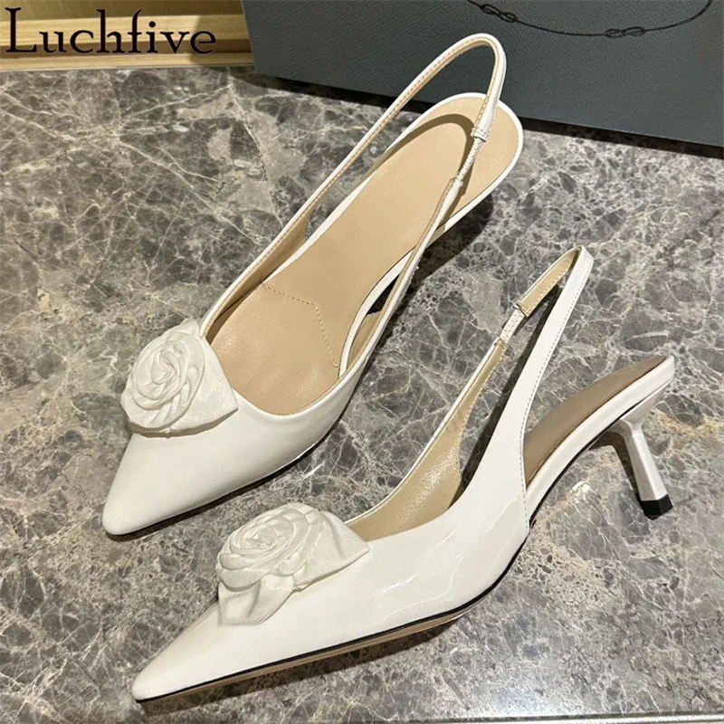 

Pointy Wrap Toe Kitten Heel Patent Leather Shoes Women Summer Formal Shoes Rose Flower Decorate Luxury Brand Shoes Zapatos Mujer