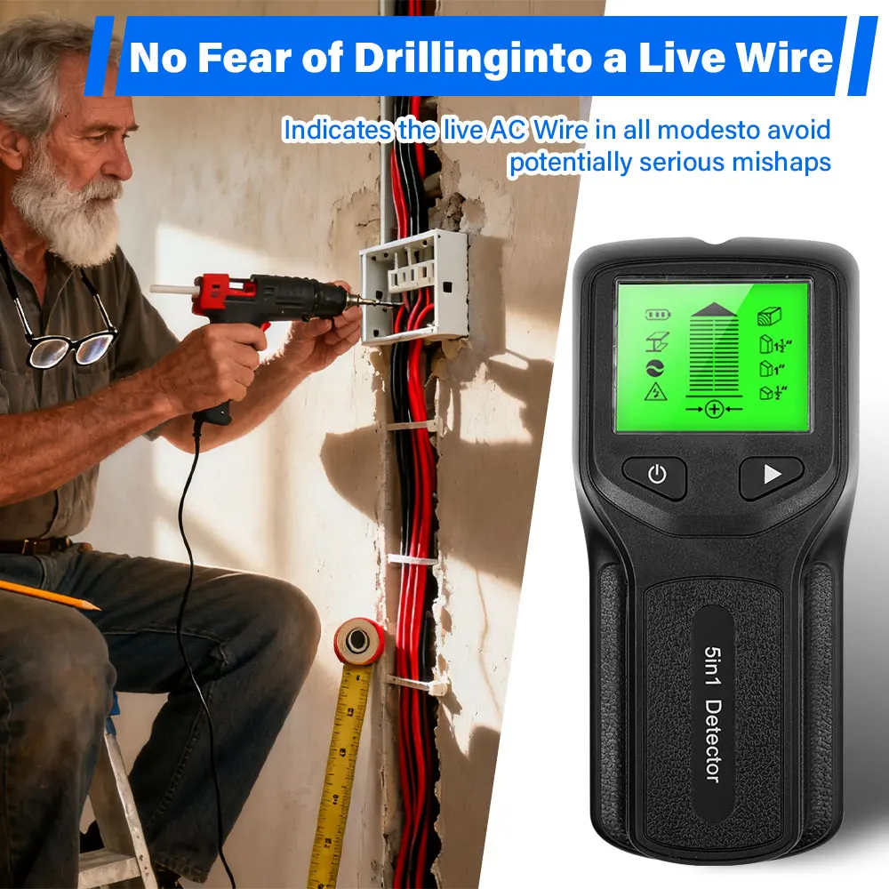 Wall Stud Detector 5-in-1 LCD-scherm Multifunctionele handheld voor hout AC-draad Kabel Metaaldetector Wall Stud Finder Scanner