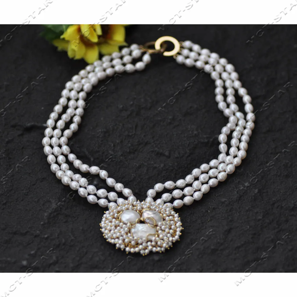 

MTC·STAR 3 ряда 19 дюймов 55 см A + ожерелье из белого риса с пресноводным жемчугом, монета, кулон с детским жемчугом (Z14260)