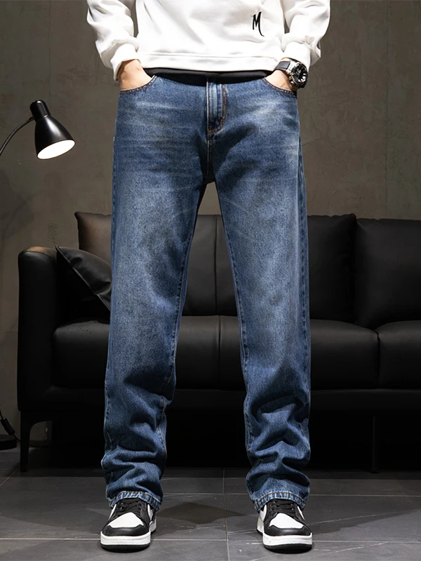 

Синие свободные мужские джинсы прямого кроя, повседневные универсальные длинные брюки, износостойкие, со средней посадкой, на молнии, для зимы
