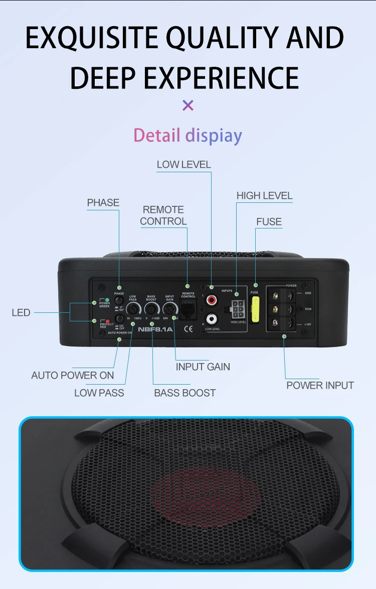 Ultra-thin RMS 150W 8 Inch Active Underseat Car audio Subwoofer 38mm 6-layers Pure Copper Voice Coil Powerful Deep Bass Compact