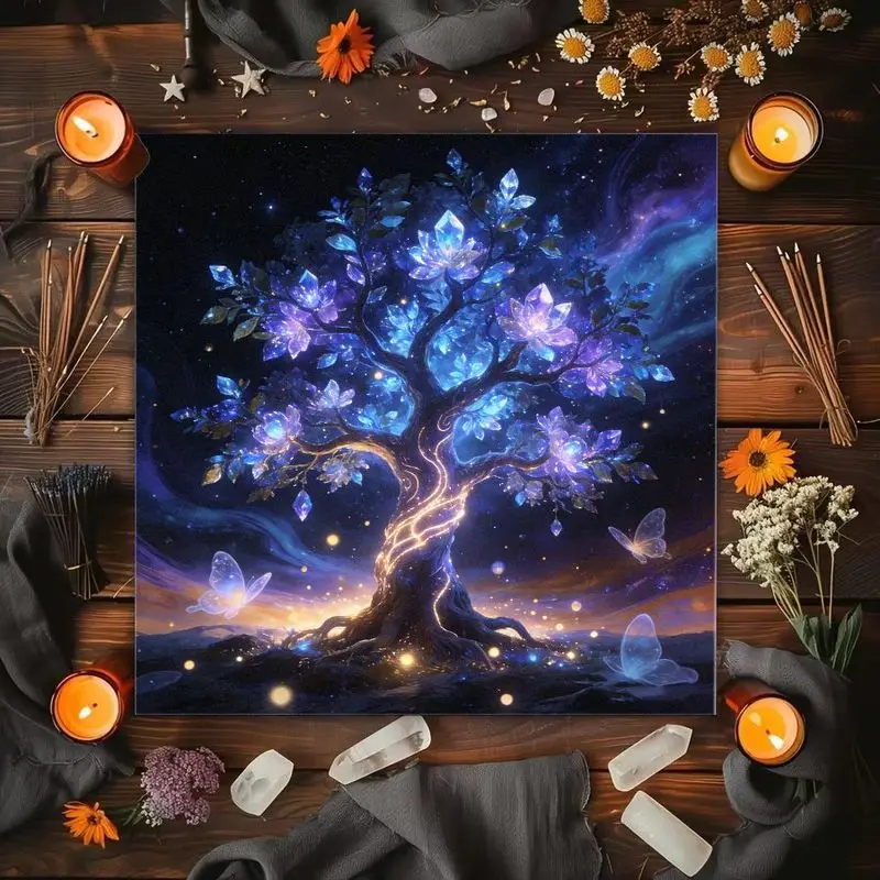 VIKAMA Color Window Black Cat Moon Tree of Life Butterfly Altar Cloth Tarot Card Tablecloth Wika Astrology Divination Card Pad