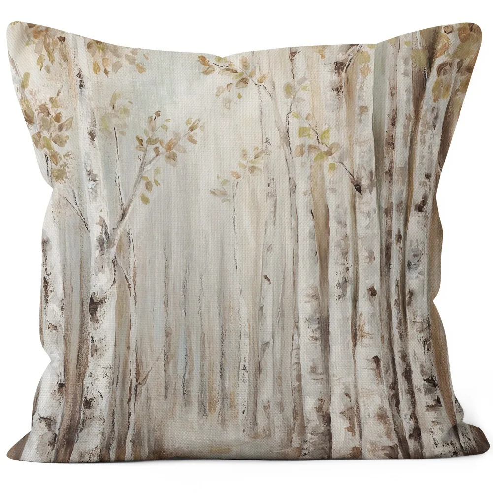 Forest Style Poplar Tree Plant Print Decorative Pillowcase Linen Home Living Room Sofa Pillow Car Cushion Cover Multifunctional