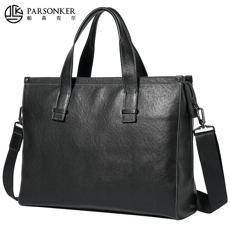 Genuine leather men's simple and high-end briefcase, large capacity 14-inch computer bag high-end single-shoulder bag for travel