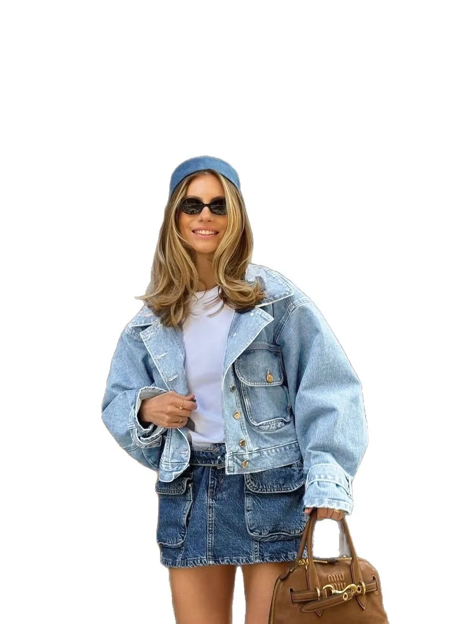 

Повседневная джинсовая куртка для женщин с откидным воротником, легкое женское пальто со стойкой, повседневная летняя коллекция