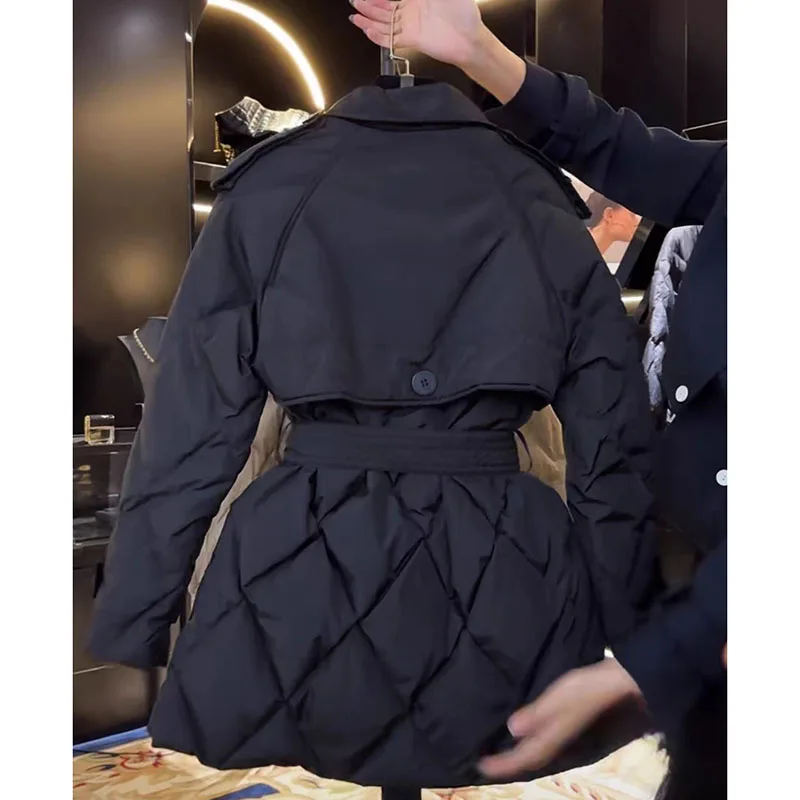 Abrigo de algodón de plumón negro de gran tamaño para mujer, chaqueta acolchada cálida, ropa de algodón de rejilla en forma de diamante larga para