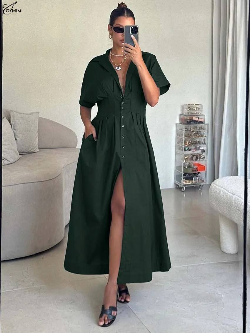 

Oymimi Fashion Green Lapel Womens Dresses Autumn Short Sleeve Single Breasted Dresses Casual High Waist Loose Ankle-Length Dress