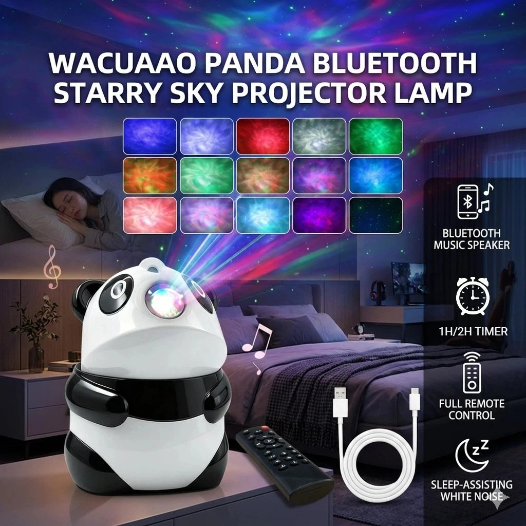 Projetor de Estrelas Panda Galaxy WACUAAO, Caixa de Som Bluetooth e Luz Noturna com Ruído Branco, 15 Modos de Nebulosa, Controle Remoto, Presente para Auxílio ao Sono