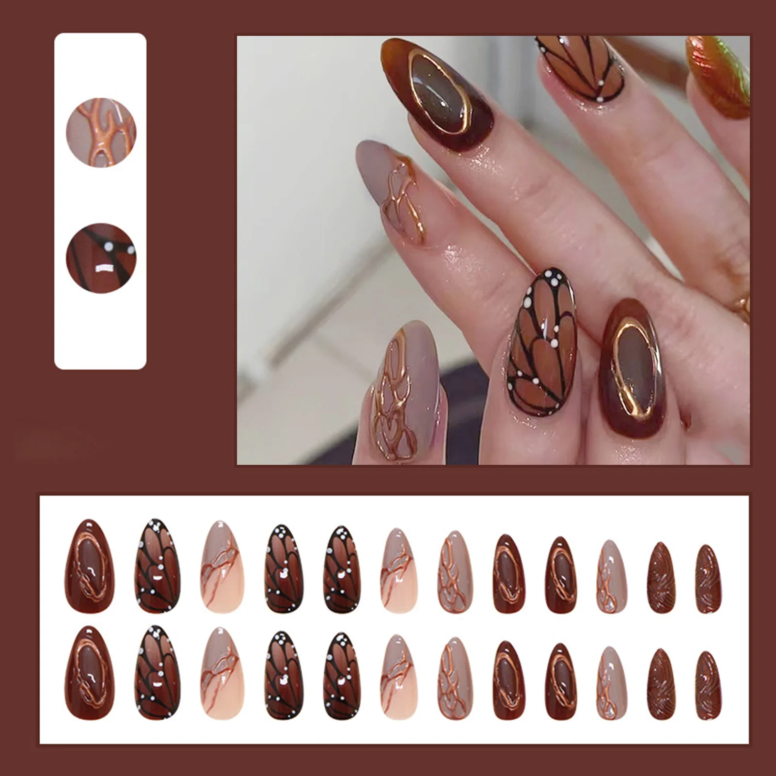 Short Almonds French False Nails Fancy Lines Pattern Charming Press On Nails for Festivals Nail Salon Cosplay