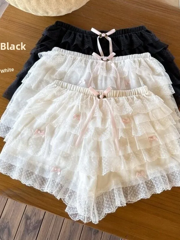 Sweet Girl Lace Layered Cake Short Pants Skirt Summer New Splice Knot Safety Pants Base Pants Casual Straight Leg