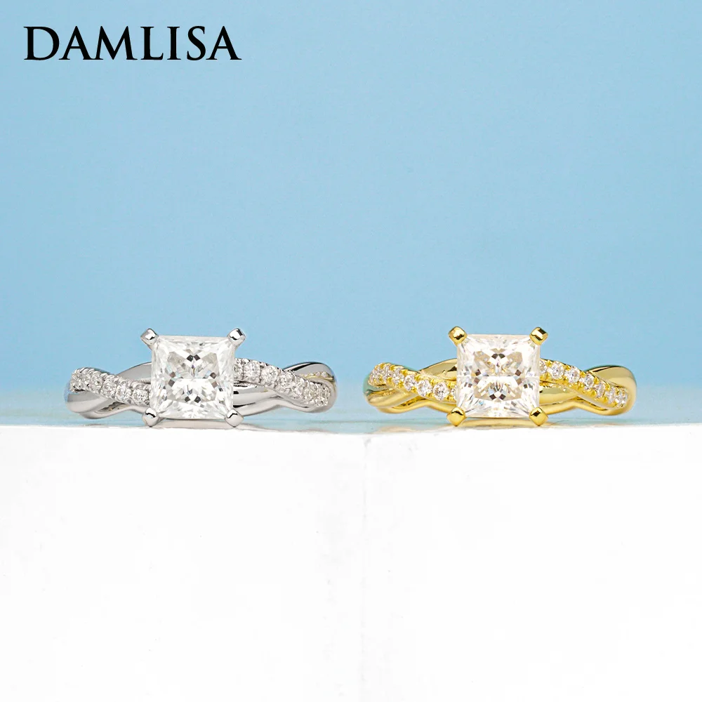 DAMLISA 6x6mm 1.2ct Princes Cut Moissanite Wedding Band Ring For Women 925 Silver D VVS1 Diamond Engagement Twist Shank Ring