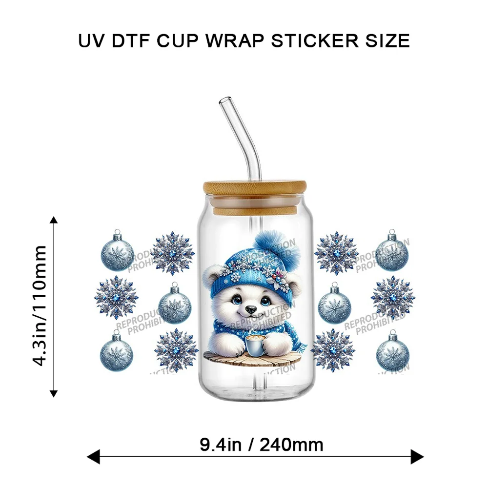 Christmas Gift Bear Full Wrap UV DTF Cup Decals Transfer Sticker For 16oz Glass Tumbler Winter Holiday DIY Cup Decor Accessories