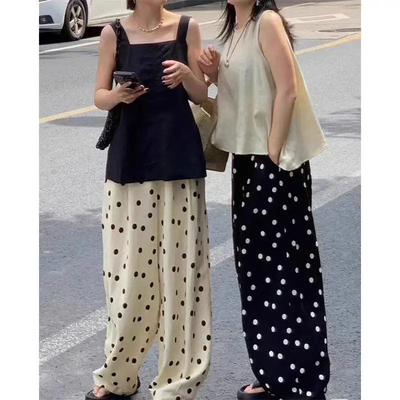 

Летние повседневные свободные брюки MICOAT2 в горошек с завышенной талией, широкие штанины, прямой крой, эластичный пояс, женские