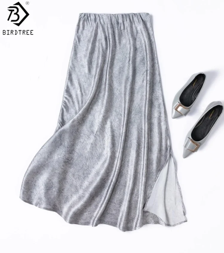 

Birdtree 100% шелковая серая юбка шелковицы, женские однотонные атласные платья с эластичной резинкой на талии и боковым разрезом, новинка 2025 D57045JF