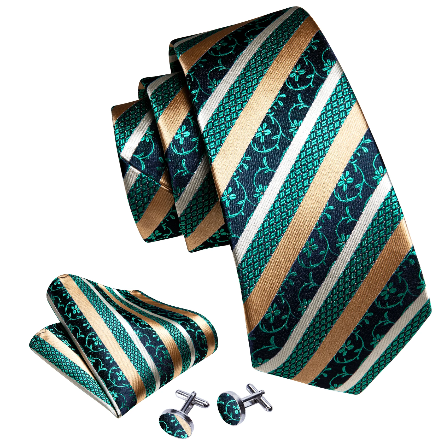 Luxury Designer Tie for Mens Green Gold Striped Silk Necktie Pocket Square Cufflinks Set Wedding Gift Corbatas Barry·Wang 6316