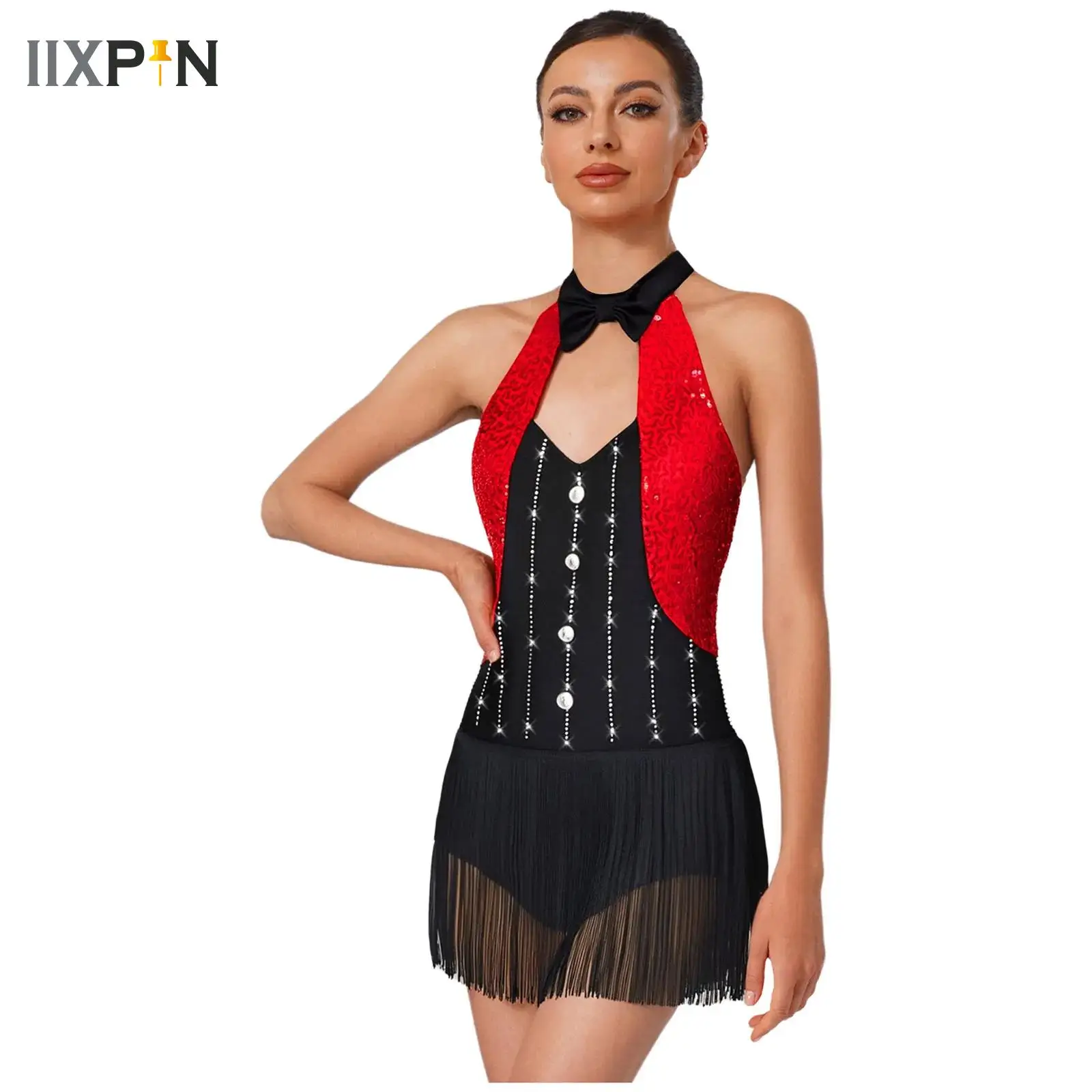 

Women Fringed Gymnastics Jersey Rhinestones Figure Skating Rhythmic Rumba Latin Dance Cha-Cha Tassel Leotard Dress Competition