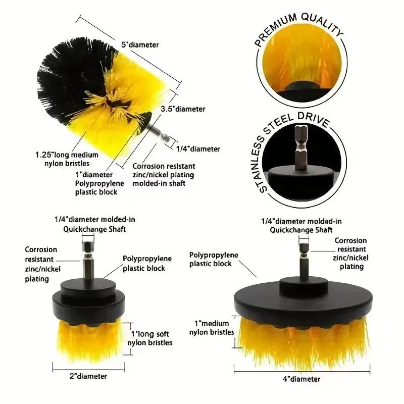 Accessorio per spazzole da 3 pezzi per trapano elettrico, spazzola per trapano in nylon per docce con setole in nylon rigide, progettato per la pulizia B