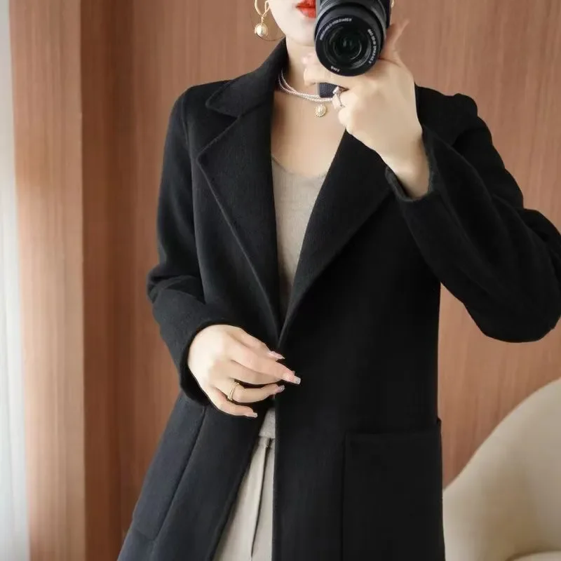 Women‘s Suit Neck Coat 2024 Woman Autumn Winter Mid-Length lining Coat Slim Solid Color Woolen Jacket Female