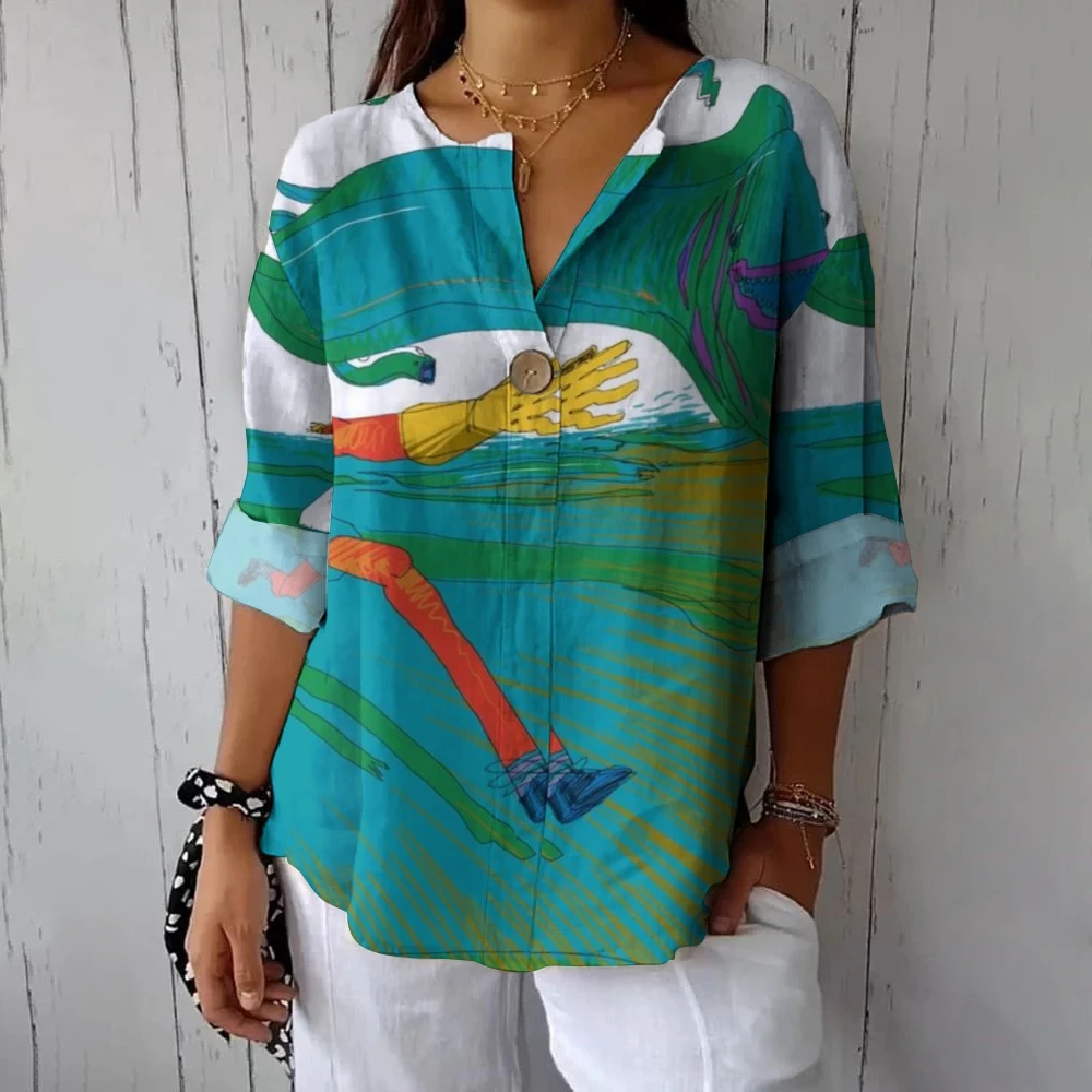 

Y2K Overshirt Women's Graphic Style Casual Cotton And Linen Shirt Abstract Art Blue Green Outturned Tie Button Commuting Daily