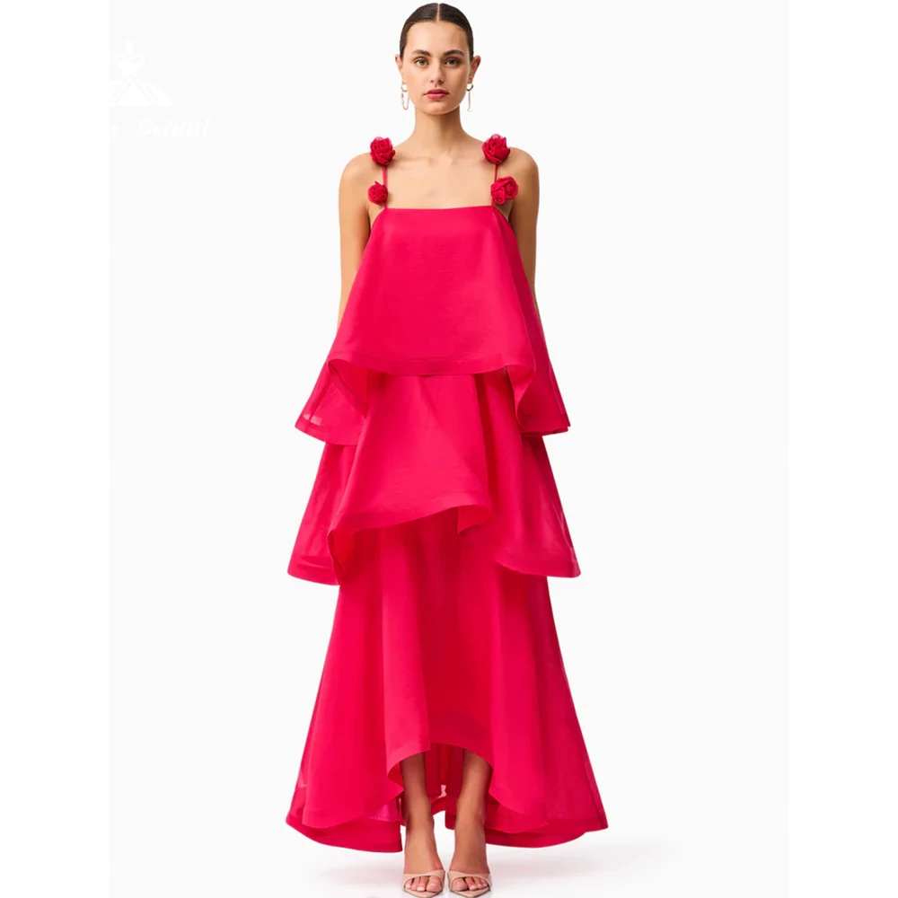 

Red Satin Bridesmaid Dress Layered Ruffle 3D Flowers Long Formal Evening Gown Women Wedding Guest Party Prom Dress Customized