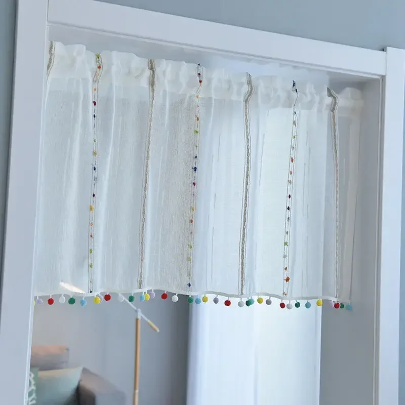 

Valance Short Window Curtain White Sheer Stripe Bohemian with Colorful Tassel Valances Home Decoration Rod Pocket for Kitchen