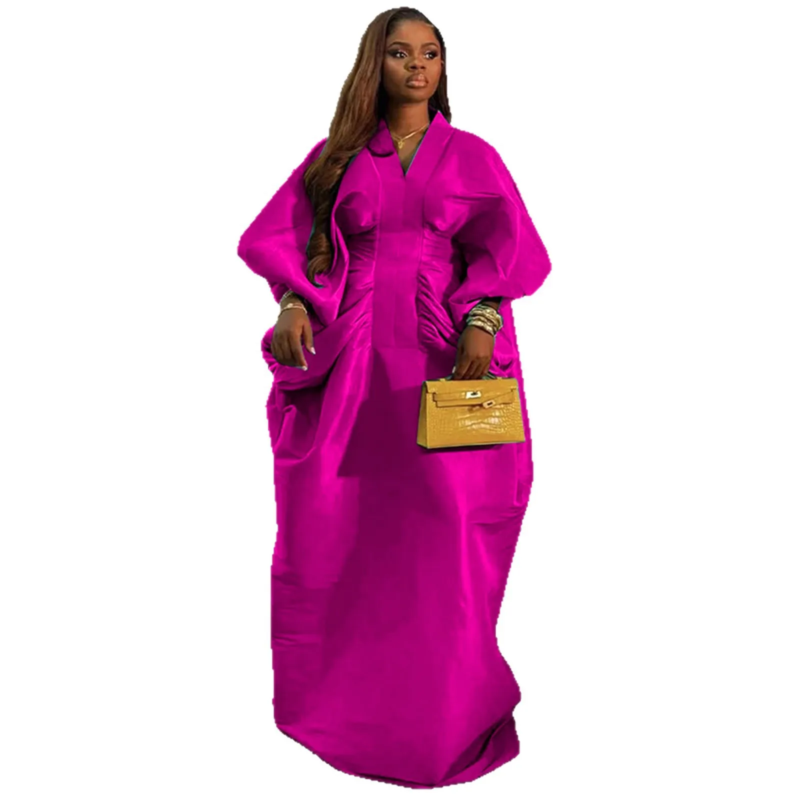 

Loose V-neck Bat Long-sleeved Dress with Pleated Waist and Large Skirt, Fashionable Party Dress