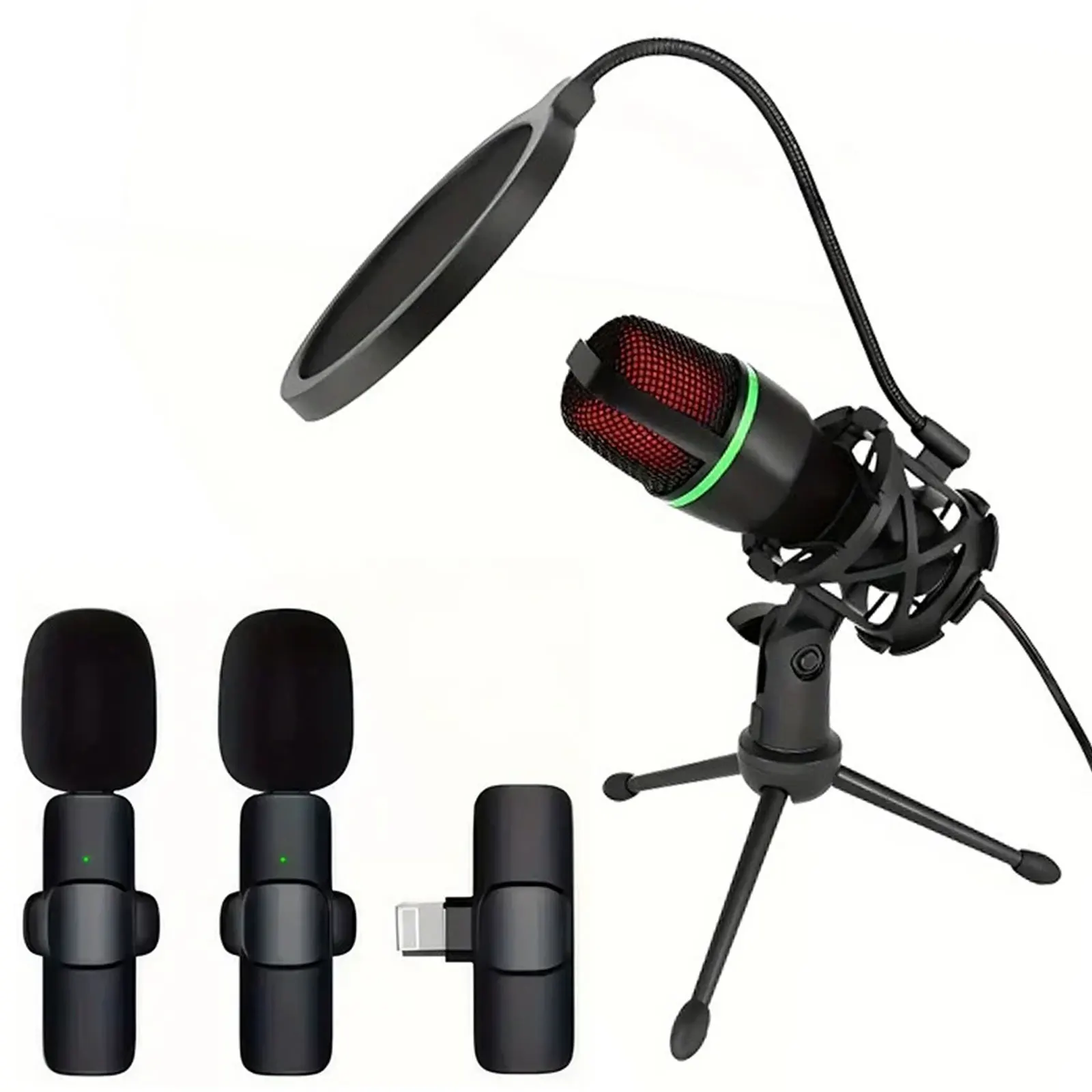 Professional Content Creation Bundle: Wireless Lavalier Mic (Type-C, Plug-and-Play) & RGB Condenser Microphone Kit (Noise Reduction, Tripod, Adjustable Lighting), High-Performance Gear for Streaming, YouTube, Teaching, Interview & Recording