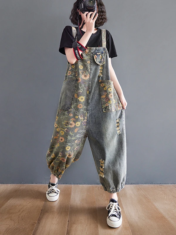 Summer New Women's Denim Overalls High Waist Print Anti-Aging plus Size Conceal Meat Wide Leg Jumpsuits Regular Thin