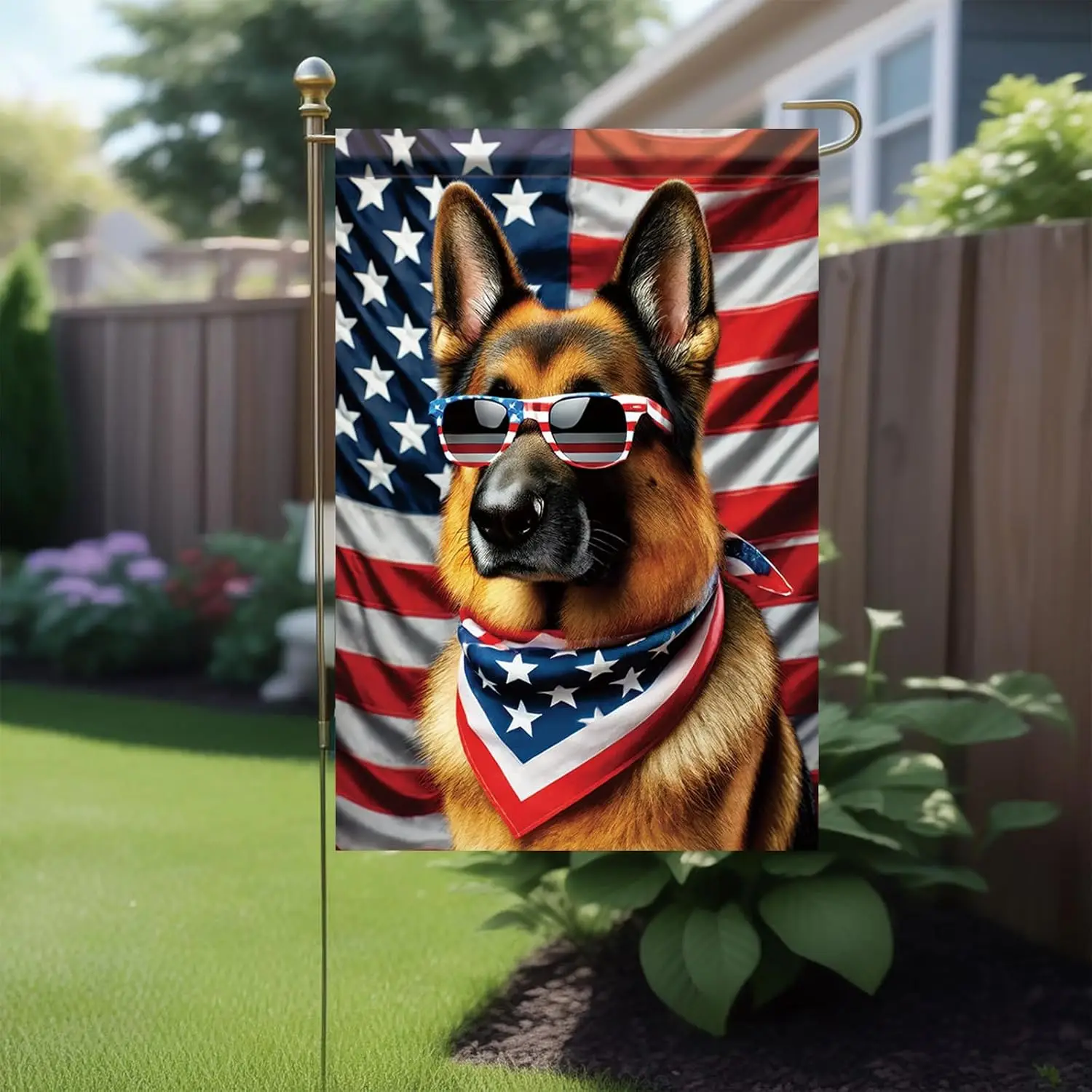 Patriotic 4th of July Garden Flag German Shepherd Dog American Flag Glasses 12x18 Inch Double Sided Seasonal Summer Yard Fla llp