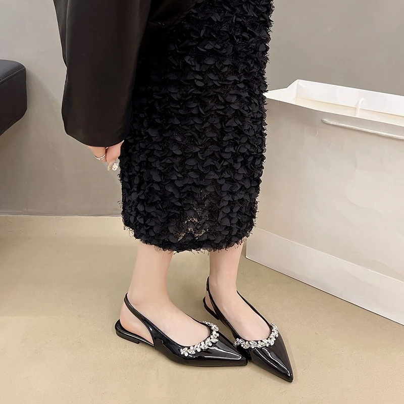 

Женские весенне-осенние однотонные туфли на плоской подошве с круглой головкой и бриллиантами, модные новые стильные удобные уличные сандалии для отдыха