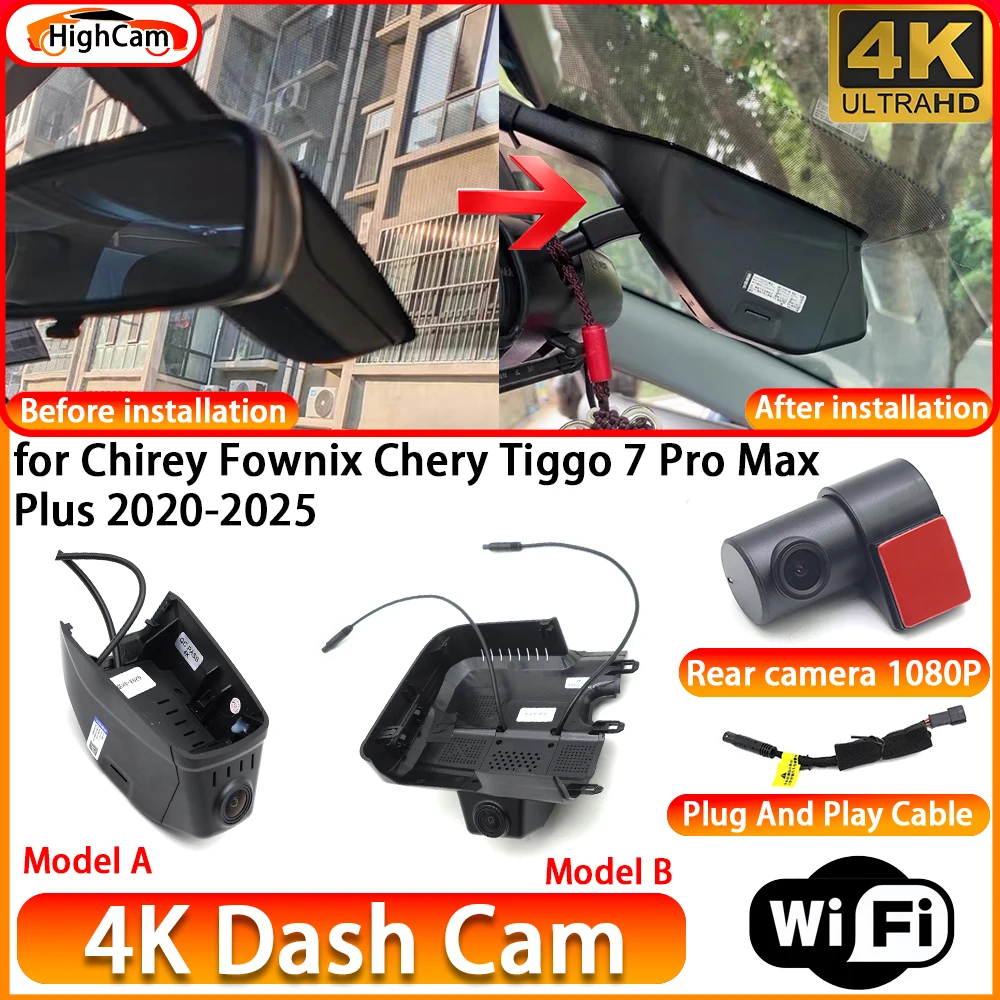 for Chirey Fownix Chery Tiggo 7 Pro Max Plus 2020-2025 OEM 4K DVR Dash Cam Front Rear Camera WiFi Video Recorder Plug and Play