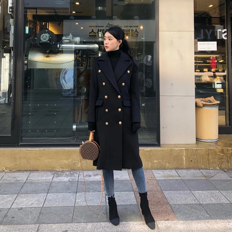 

Women's Mid-Length Thiened Winter Coat Over-Knee Korean Sle Chic Woolen Outerwear High-Cold Aosphere Commute Faion