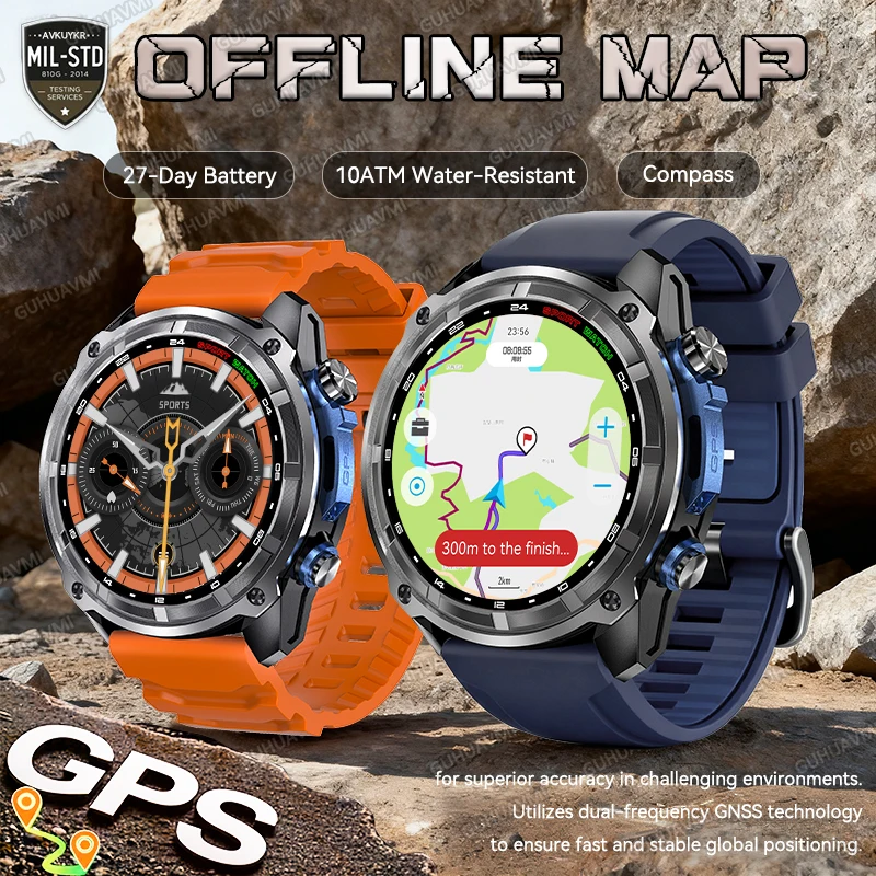 

New Dual-Band GPS Military Smart Watch Offline Map 10ATM Water-Resistant 860mAh Battery Compass Altimeter AGPS 48mm Smart Watch