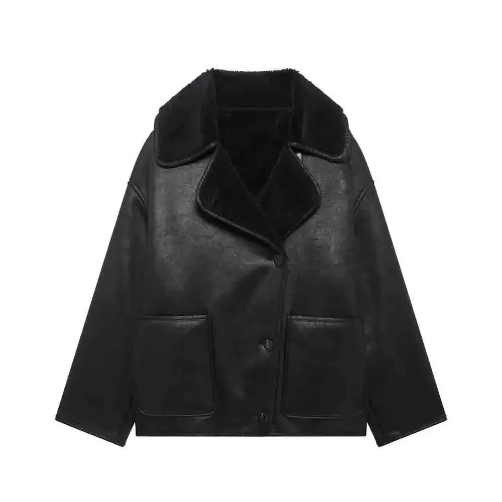 Plush Faux หนังแจ็คเก็ตผู้หญิงผ้าขนสัตว์ผสมหนาฤดูหนาว Office Single Breasted Turn-down Collar Coat Chic กระเป๋า Outerwear