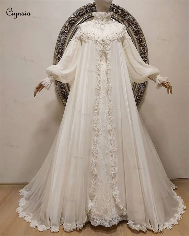 Customized Ivory Islamic Muslim Wedding Gowns Long Sleeve High Neck Chiffon Appliques Arabic Dubai Bridal Dress Robe De Mariée