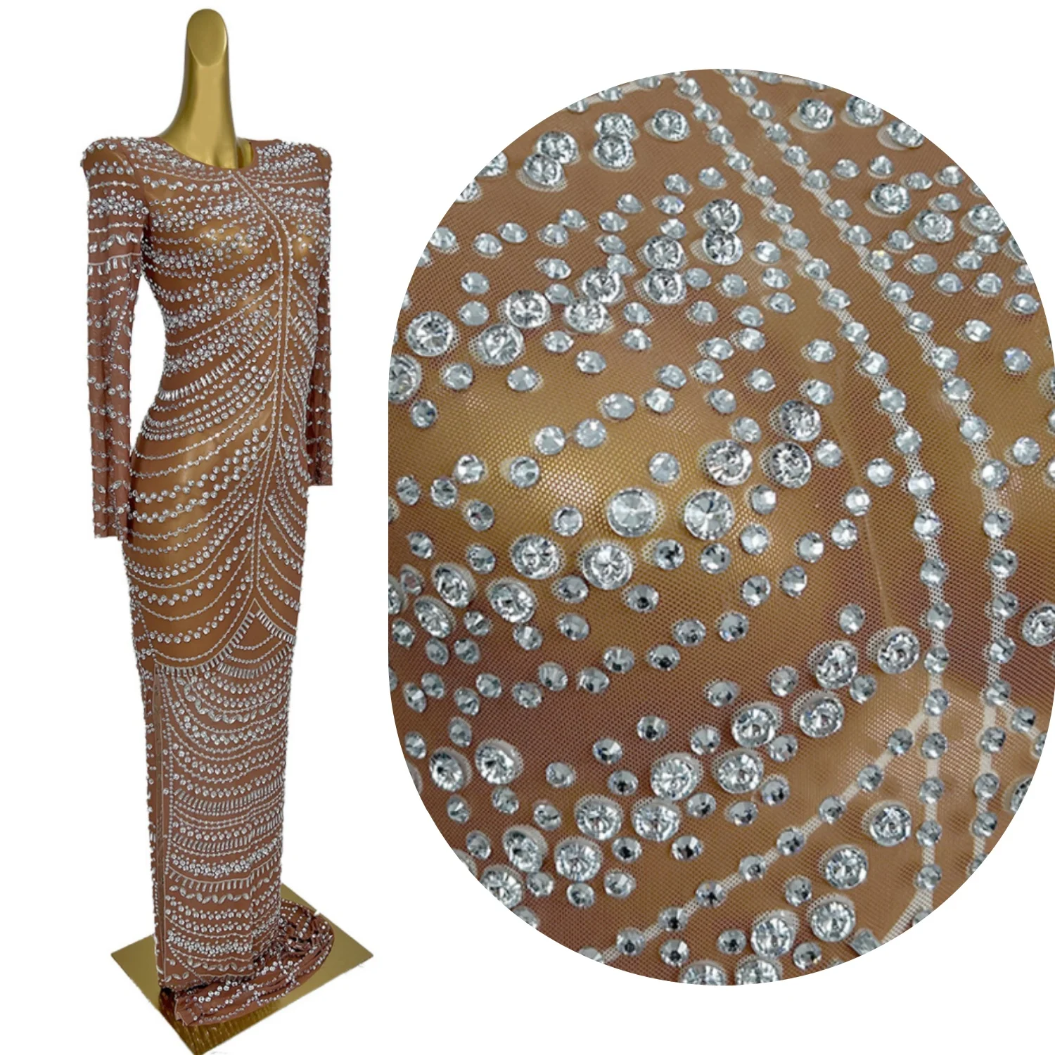 

Women Dark Brown See Through Mesh Tight Fitting Evening Gown Luxury Crystals Long Dress Birthday Party Celebrate Outfit Huabao