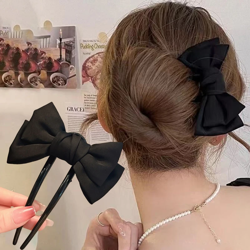 1pc Fashion Women's Bow U-shaped Hair Stick Hair Clip Fork Comb Elegant Black Boutique Hairpin Hairstyle Girls Hair Accessories