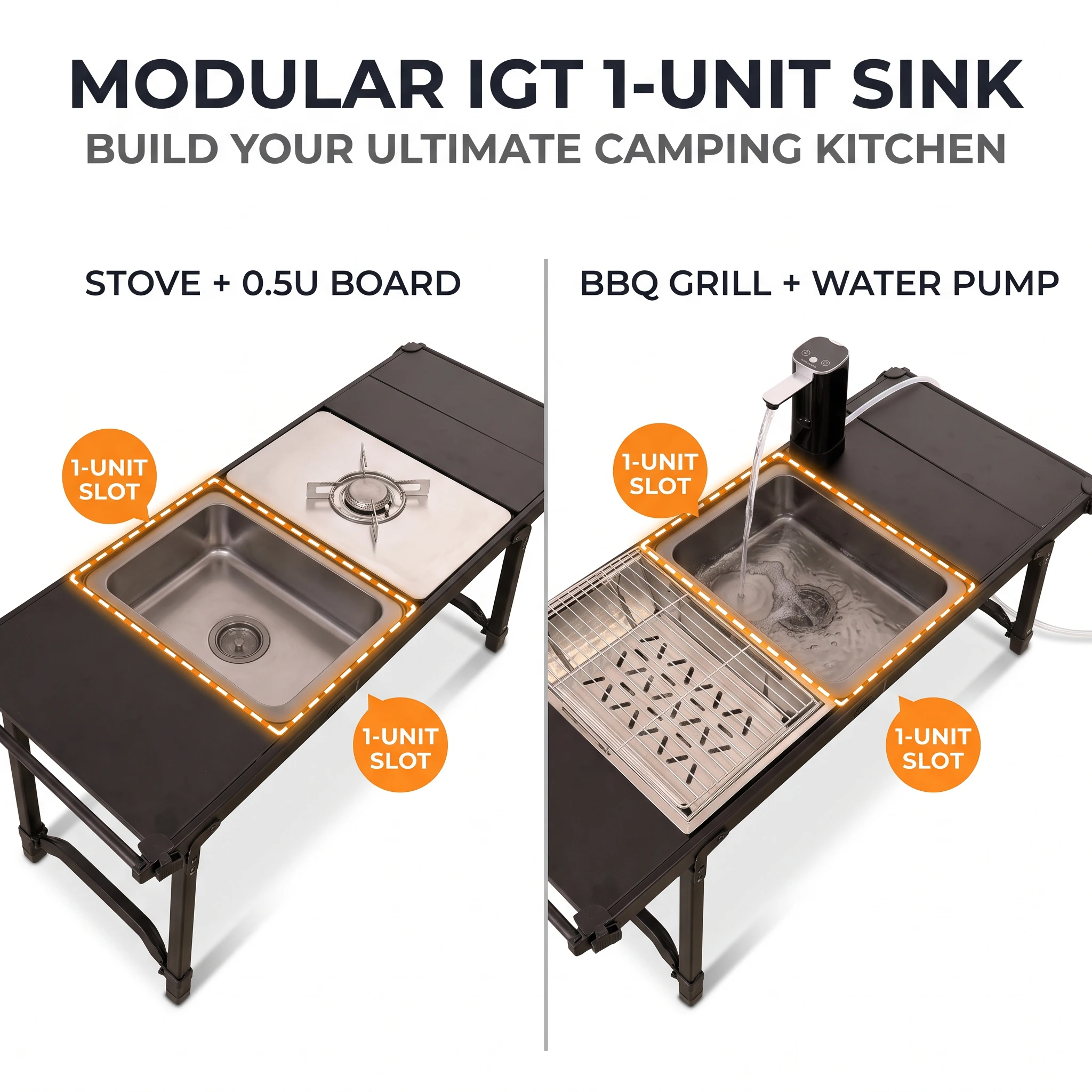 Pandatour Camping IGT 1-Unit Sink Tactical Table Module Embedded Anti-Scratch Corner Pads Vegetable Washing Sink Electric