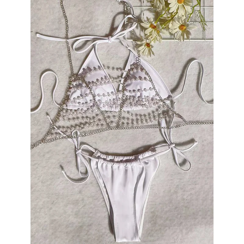 New Hot-Selling Pearl Chain Halter Tie Bikini Sexy Swimsuit White Women's Swimwear High-End