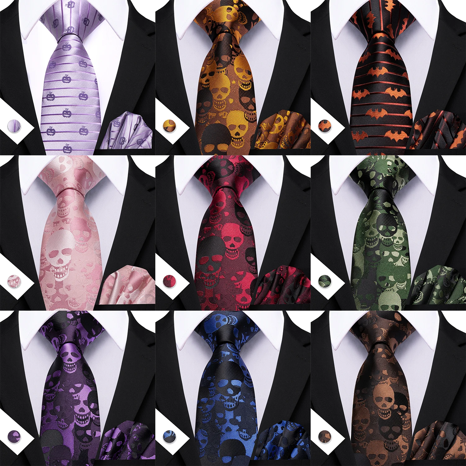 Mens Tie Hanky Cufflinks Set Golden Pink Blue Geometric Skull Pattern Necktie Hanky Cufflinks Set