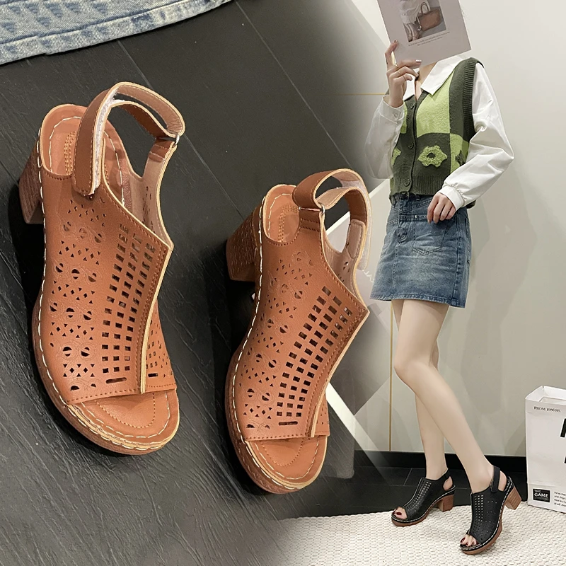 New 2024 Summer Women\'s Wedges Sandals Hollow Ladies High Heels Fashion Solid Color Buckle Strap Female Sandalias  Roman Sandals