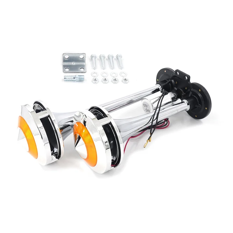

Truck 12V 24V Universal Air Horn Whistle Double-Tone Electronic Control Double-Tube Lampshade Air Source