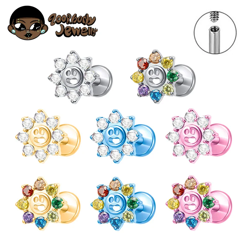 

ASTM F136 Titanium Smile Lab Piercing Lomiss Helix Tragus Conch Nose Labret G23 Titanium Flower Smile Zirconia Anodized Jewelry