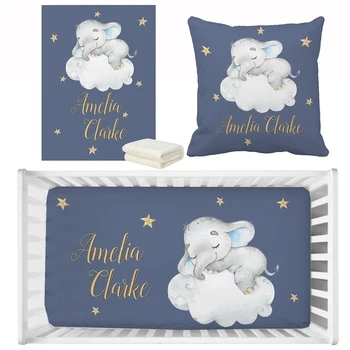 LVYZIHO-Baby Crib Bedding Set, bonito elefante dormindo, lua e estrela, nome personalizado, folha do berço, presente de aniversário para criança