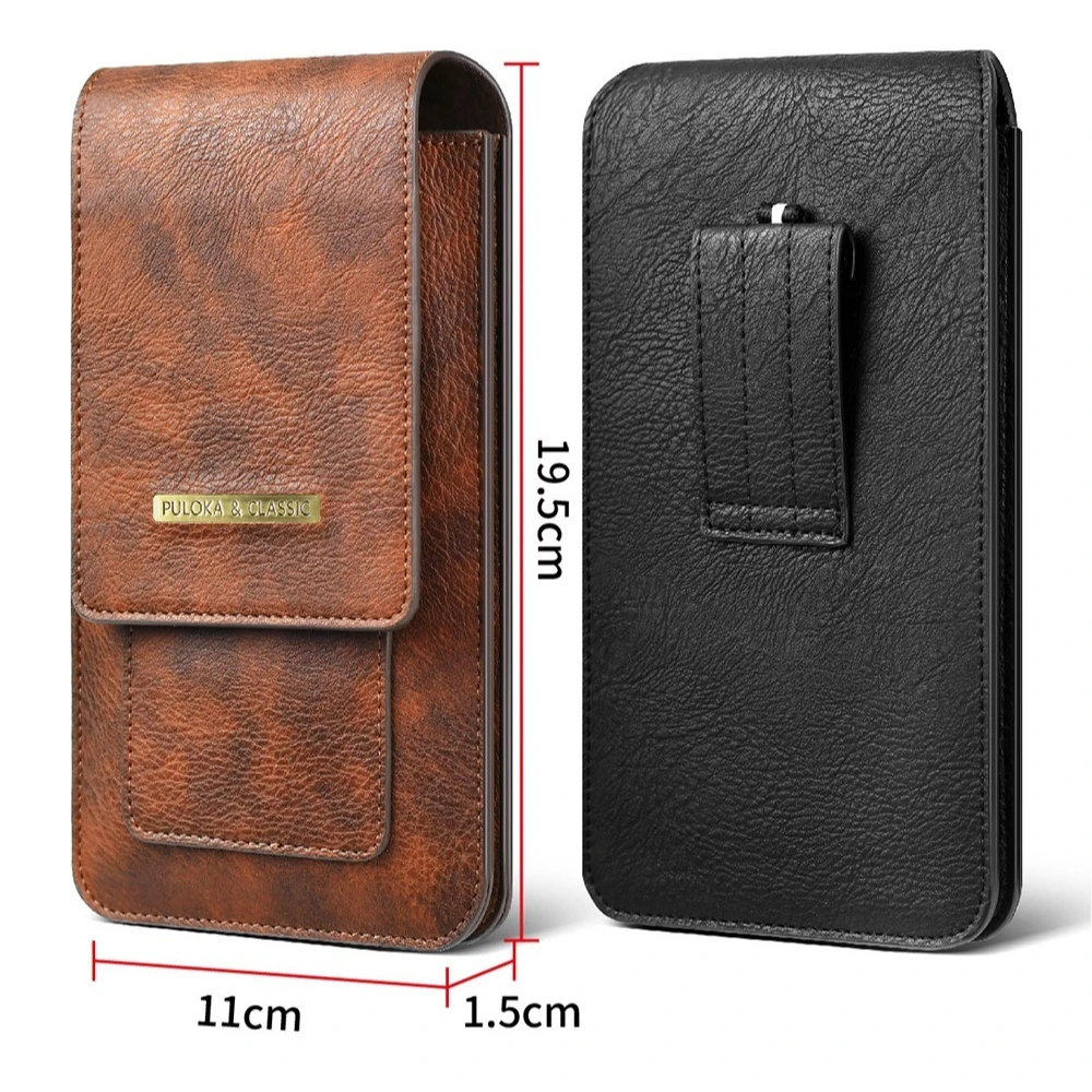 High Quality Horse Leather Waist Belt Phone Bag Double Layer with Loop Outdoor Bags Vertical Card Holder for 6.9-7.2inch Phone