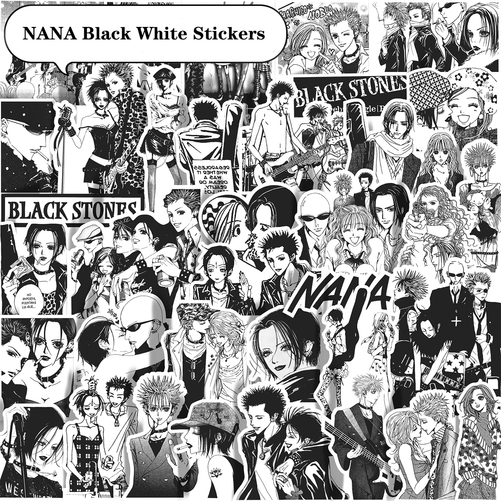 66Pcs Black White Anime NANA Stickers Manga Decals DIY Phone Stationery Scrapbook Notebook Diary Wall Sticker Toys Gift