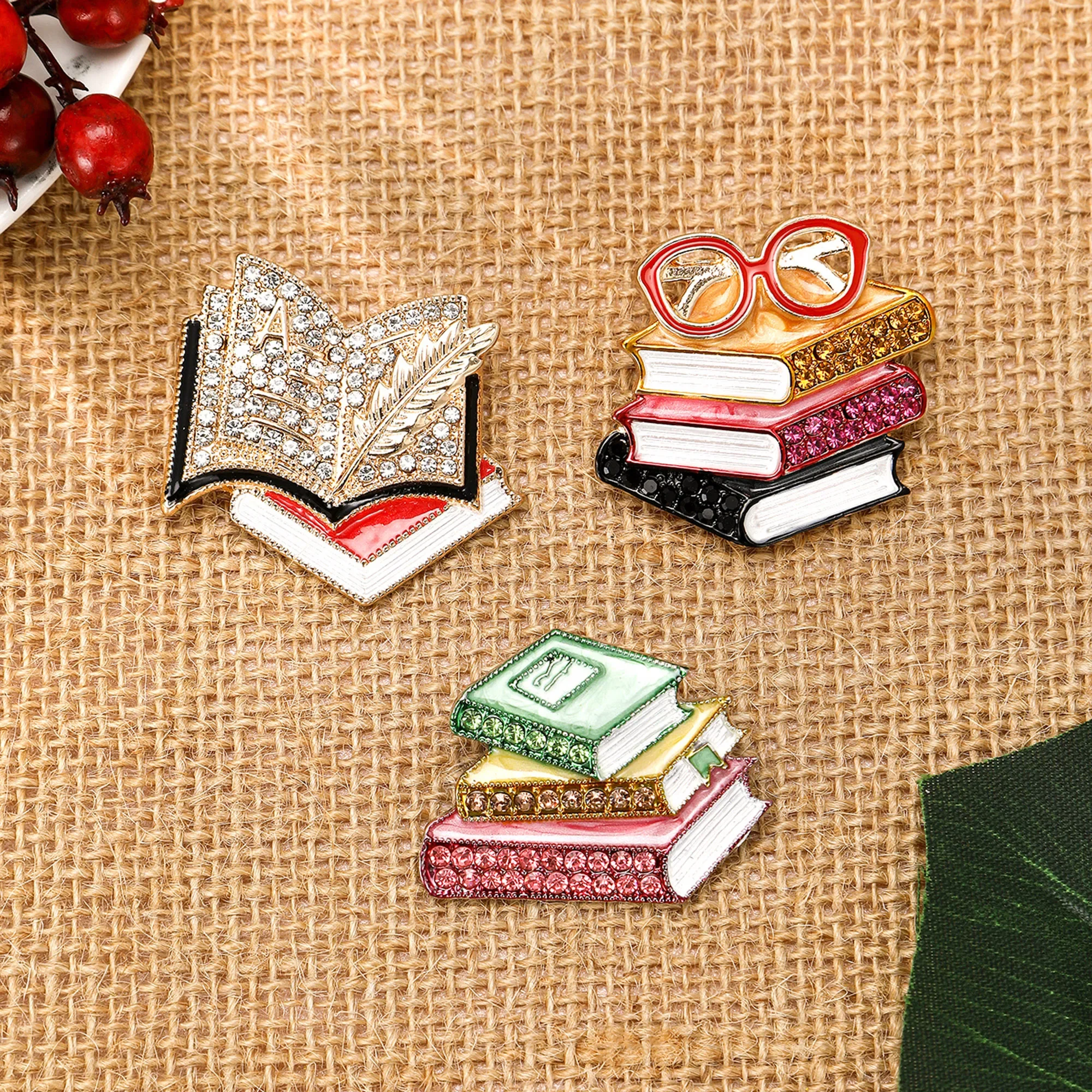 Enamel Glasses Book Brooch for Women Unisex Rhinestone Quill Pen School Supplies Drawing Board Pins Party Friend Gifts Accessory