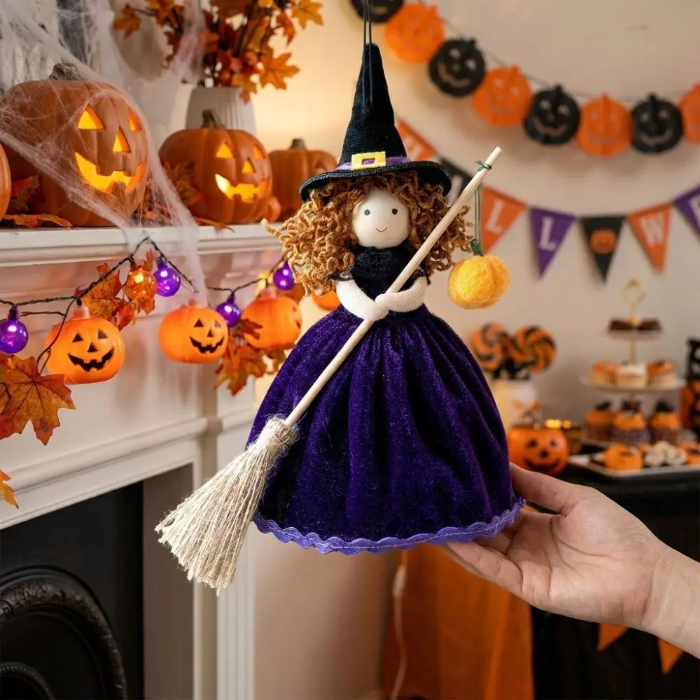 Handmade Halloween Broom Girl Pendant Pumpkin Bat Spider Velvet Skirt Curly Hair Witch Hanging Soft Stuffed