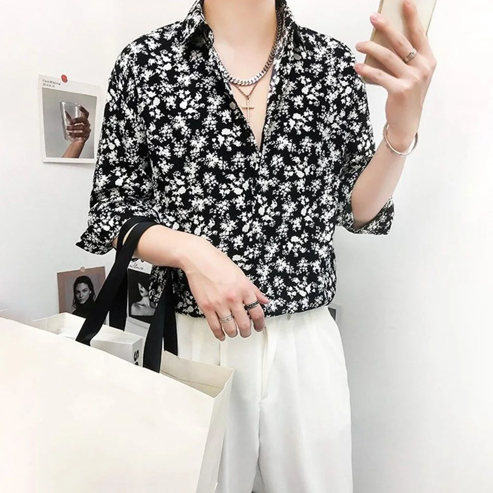 Mens Y2k Casual Floral Print Shirt 2024 Summer Harajuku Daily Versatile Temperament Personality Three-Quarter Sleeve Mens Top